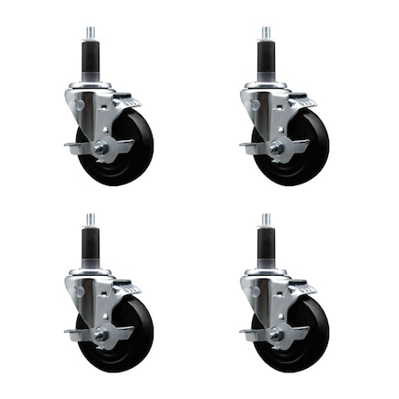 Service Caster 4'' SS Soft Rubber Swivel 1-1/8'' Expanding Stem Caster Set with Brake, 4PK SCC-SSEX20S414-SRS-TLB-118-4